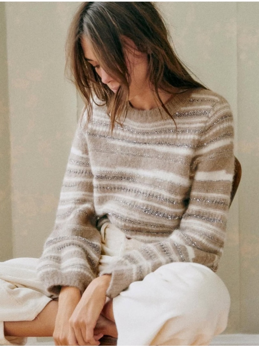 Sezane Hanane Alpaca and Merino Sweater Tan and Silver Striped